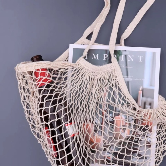 Mesh fish net bag shoulder tote shopping grocery cream large market Multiuse - Picture 6 of 14